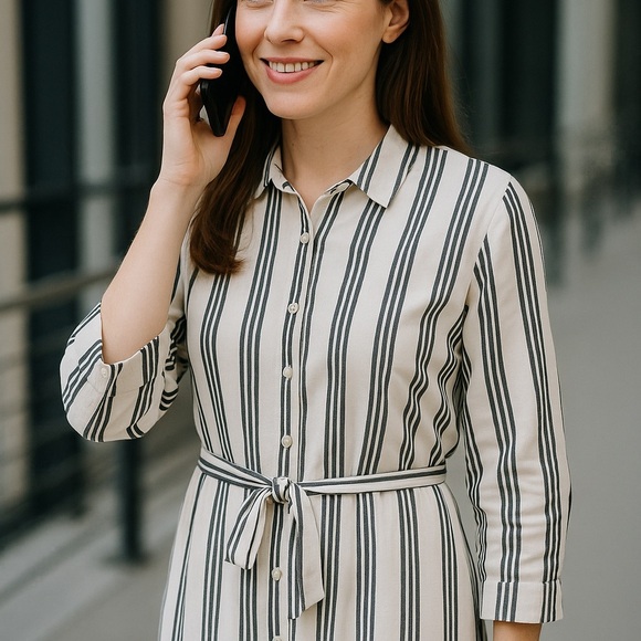 Ann Taylor Factory Striped Button Front Belted Dress Size 12 - Picture 2 of 11